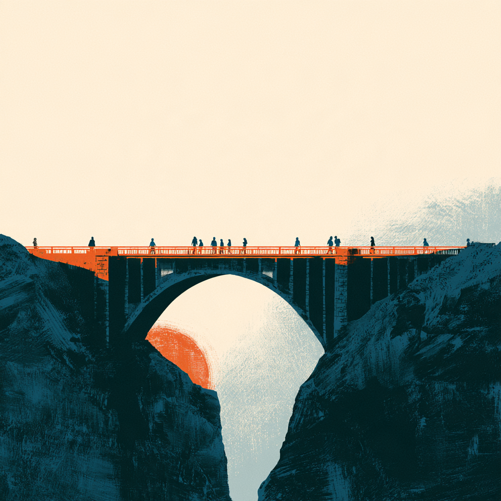 Mural conceptual de un puente arqueado que conecta dos lados